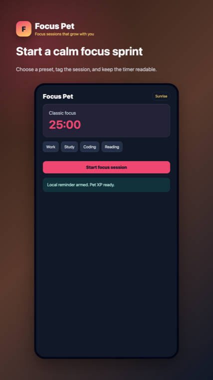 Focus Pet Sunrise theme focus timer screen
