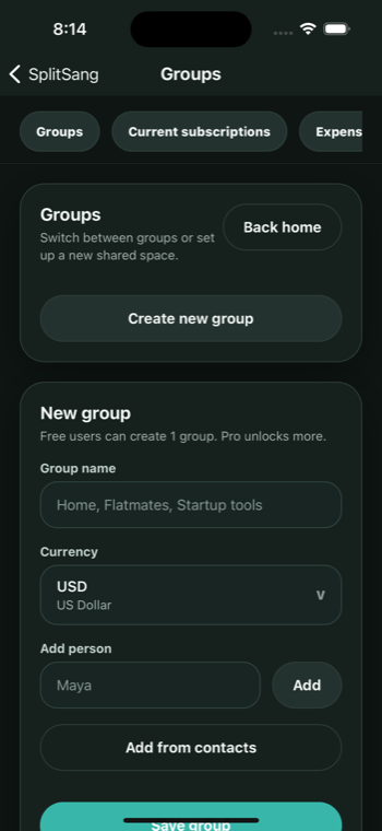 SplitSang manage screen for groups and shared expenses